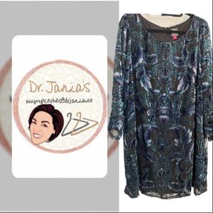 Knee length, blue and green velvet designer dress